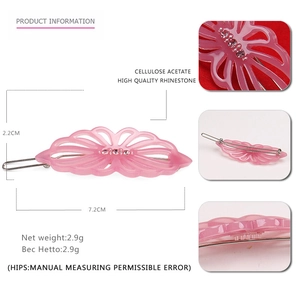 Pink hollow flower acetate hair clip with rhinestones shown in various angles and dimensions