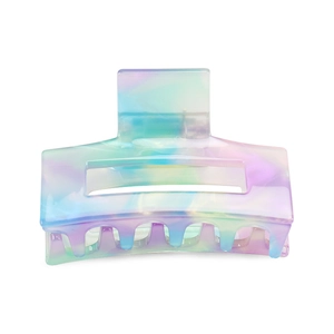 Detailed close-up of marble acetate hair claw clip with colorful pastel gradient texture