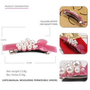 Pink acetate berry hair clip with pearls and leaves, 8.9cm spring barrette for women