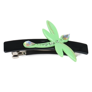 Detail of dragonfly hair clip with green rhinestones and silver spring buckle closure