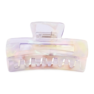 Detail of hollow square marble hair claw clip with colorful acetate finish and metal spring