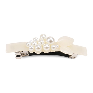 8cm cream acetate spring hair clip with elegant faux pearl clusters and leaf accents