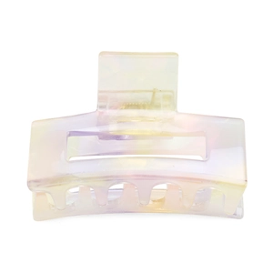 Macro detail of the iridescent hollow rectangular hair claw with pearlescent purple gradient