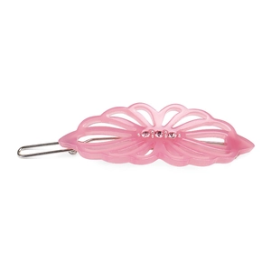 Pink cutout flower hair clip made of acetate resin with sparkling rhinestones and metal clip