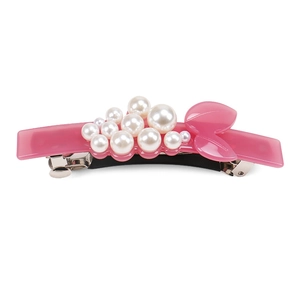 Detailed macro view of 8cm pink acetate spring clip with elegant clustered pearls