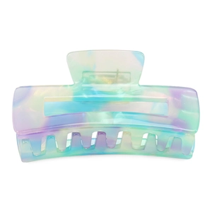 Large square acetate hair claw clip with colorful marble pattern on white background