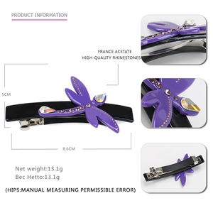 Elegant purple acetate dragonfly hair clip with crystals, measuring 8.6cm by 5cm size