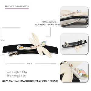 Elegant dragonfly hair clip made of acetate with colorful rhinestones and spring clip