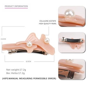 Barrette en acétate forme feuille de ginkgo rose avec perles, pince à ressort de 8cm