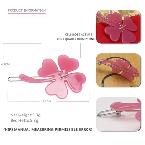 Pink gradient four-leaf clover acetate hair clip with rhinestones for women