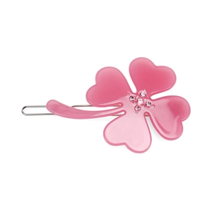Close-up of pink resin clover hair clip with rhinestones and silver metal base