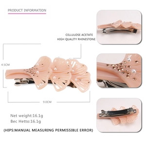 Pince à cheveux feuille de ginkgo rose nude 9cm avec perles et strass brillants