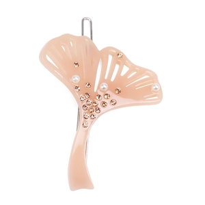 Barrette élégante en forme de feuille de ginkgo rose avec perles et strass brillants