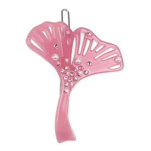 Détail de la pince à cheveux ginkgo rose avec strass et perles sur base métal