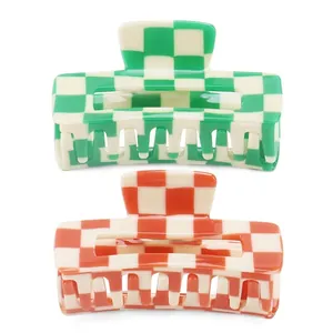 Checkerboard Rectangular Acetate Hair Claw Clip For Women Vintage Grid Pattern Non-Slip Large Hair Jaw Clip Fashion Accessory