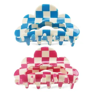 Cloud shape checkerboard hair claw clips in blue and pink patterns for women