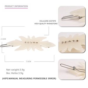 Blattförmige Haarspange aus cremefarbenem Celluloseacetat mit Strasssteinen und Metallclip
