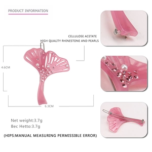 Pince à cheveux en acétate forme feuille de ginkgo rose avec strass et perles