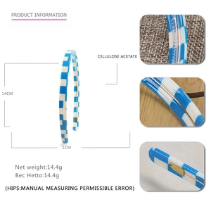 Blue and white checkerboard cellulose acetate headband with slim 1cm width and metal frame