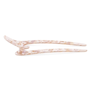 Detail of U-shaped hair pin with purple and beige marbled acetate texture