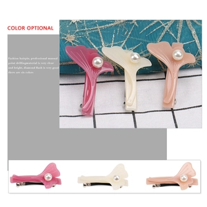 Gingko leaf spring hair clip set with pearl accent in pink, beige and tan colors
