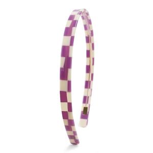 Detailed side view of a 1cm wide purple and white checkered acetate headband for women