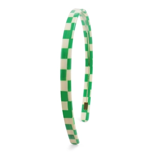 Detail view of checkerboard acetate headband showing interior non-slip teeth for stability