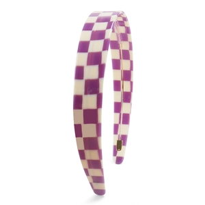 Purple and cream checkered headband with glossy finish and durable metal core