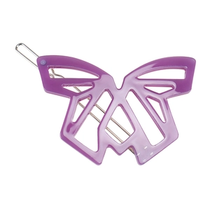 Gros plan d'une pince à cheveux papillon violette avec une base de barrette en métal
