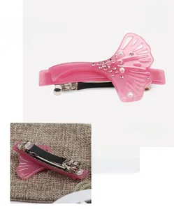 Pink ginkgo leaf hair clip with rhinestones and pearls on acetate material, 6.6cm size
