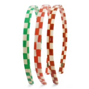 Set of three checkerboard patterned acetate headbands in green, orange, and red colors