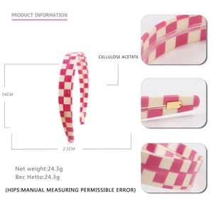 Pink and beige checkered pattern hairband made of cellulose acetate with anti-slip teeth