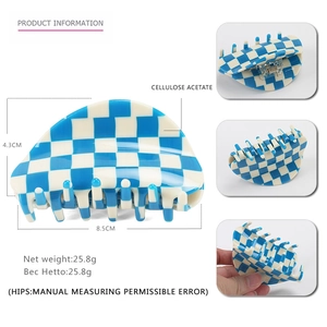 Blue and white checkered semi-circle cellulose acetate hair claw clip with measurements
