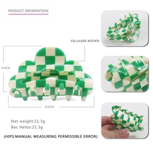 Green and white checkered hair claw clip made of cellulose acetate with 8.6cm cloud design