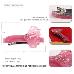 Pink acetate fan-shaped hair clip with sparkling rhinestones and white pearls