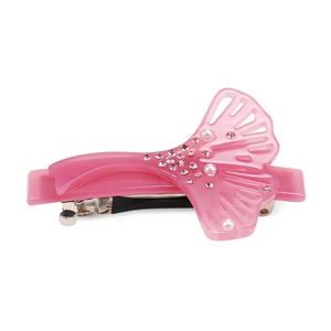 Elegant pink acetate hair clip with rhinestones and white pearls on white background