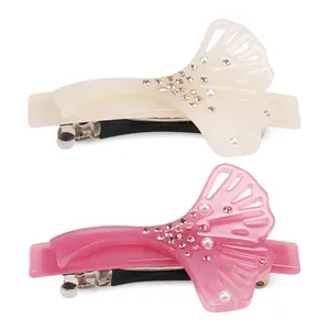 Elegant Ginkgo Leaf Acetate Hair Clip With Rhinestone Artificial Pearl Spring Clip For Women French Vintage Style Hair Accessories