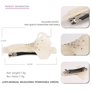 Ginkgo leaf hair clip with acetate finish, pearls and rhinestones, size 6.6cm x 4.6cm