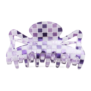 Pince à cheveux minimaliste en PVC violet à motif damier avec finition brillante