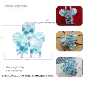 Pinza per capelli a fiori a quadretti blu con cristallo da donna, 4cm x 3.6cm