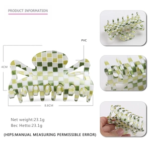 Pince à cheveux en PVC à damier vert et blanc avec ressort métallique robuste