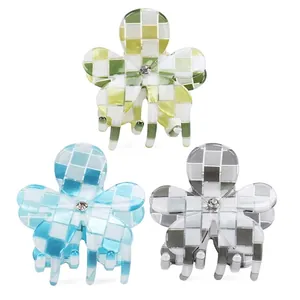 Mini Pinza a Granchio a Forma di Fiore a Scacchiera a Quadri in PVC con Strass Piccolo Fermaglio per Capelli da Donna Accessori