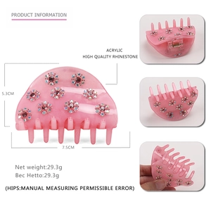Pink acrylic semi-circle hair claw clip with rhinestones and multi-angle product views