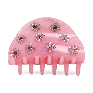 Elegant pink acrylic hair claw clip with rhinestones and floral design for women