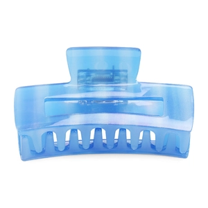 Detail of light blue translucent rectangular hair claw clip with smooth resin finish