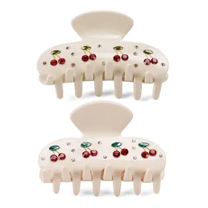 French Vintage Cellulose Acetate Cherry Hair Claw Clip For Women Elegant Rhinestone Fruit Pattern Handmade Hair Accessories
