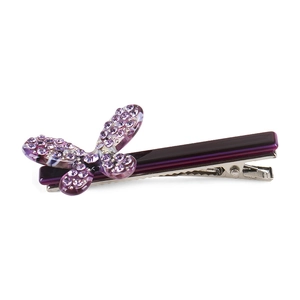 Dettaglio fermaglio per capelli a farfalla in acetato viola con strass su base metallica