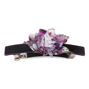 Eleganter lila Haarclip aus Acetat in Blumenform mit Marmortextur und Strasssteinen