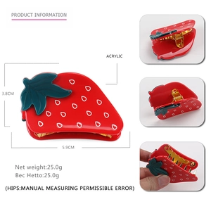 Sweet strawberry acrylic hair claw clip with red body and green leaves, 5.9cm size