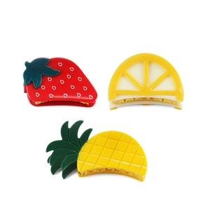 Set of cute acrylic fruit hair claws featuring strawberry, lemon, and pineapple designs